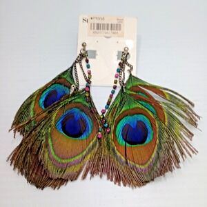 Peacock Feather Clip Earrings Large Boho Festival Statement 4"